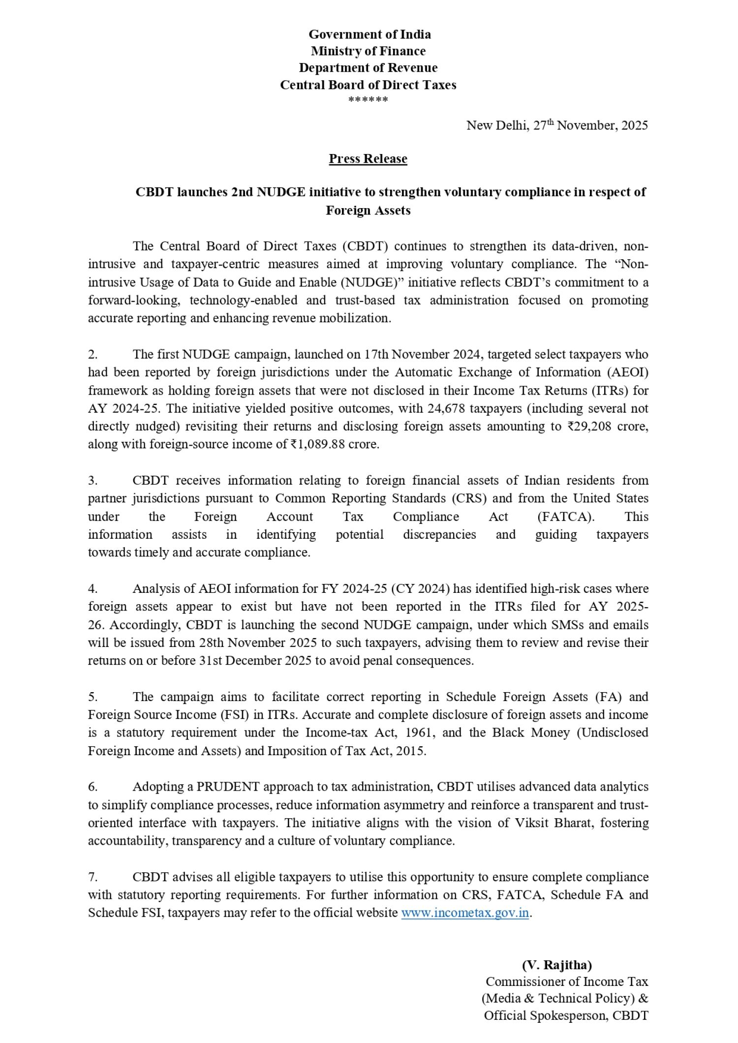 CBDT Launches NUDGE 2.0 for Voluntary Compliance in respect of FA’s