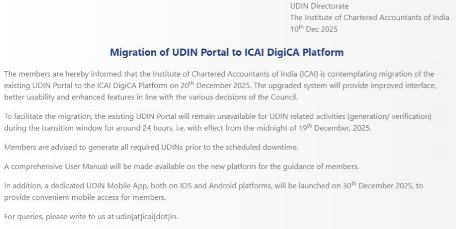 ICAI Announcement on Migration of UDIN Portal to ICAI DigiCA Platform