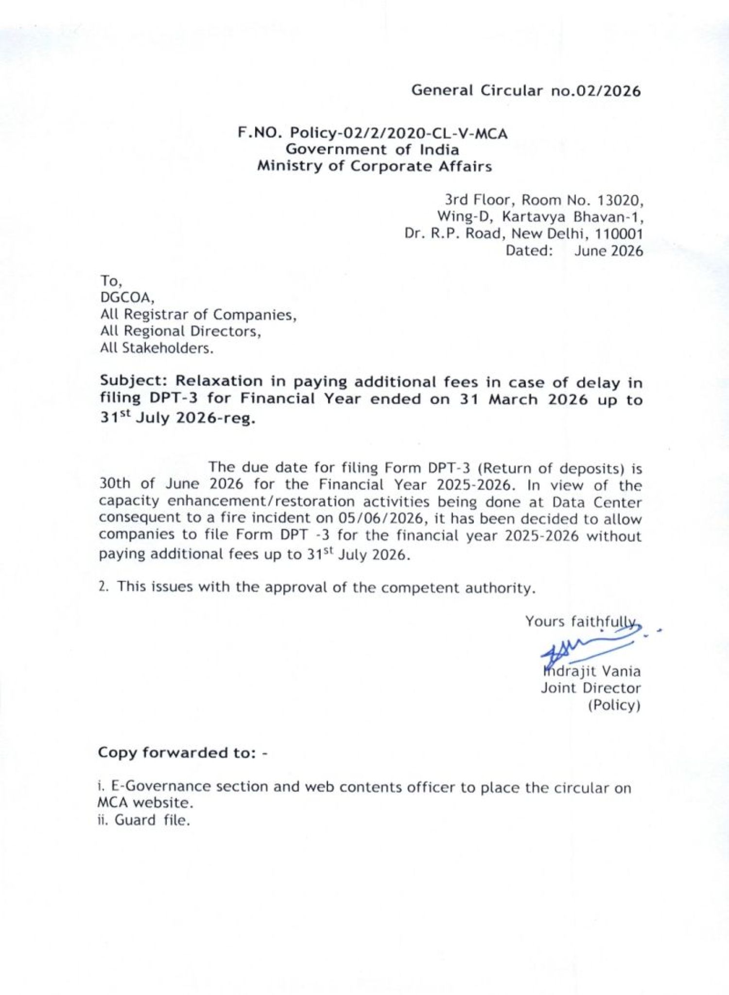 MCA Extends DPT-3 Filing Due Date to 31 July 2026