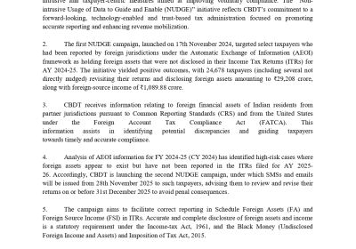 CBDT Launches NUDGE 2.0 for Voluntary Compliance in respect of FA’s