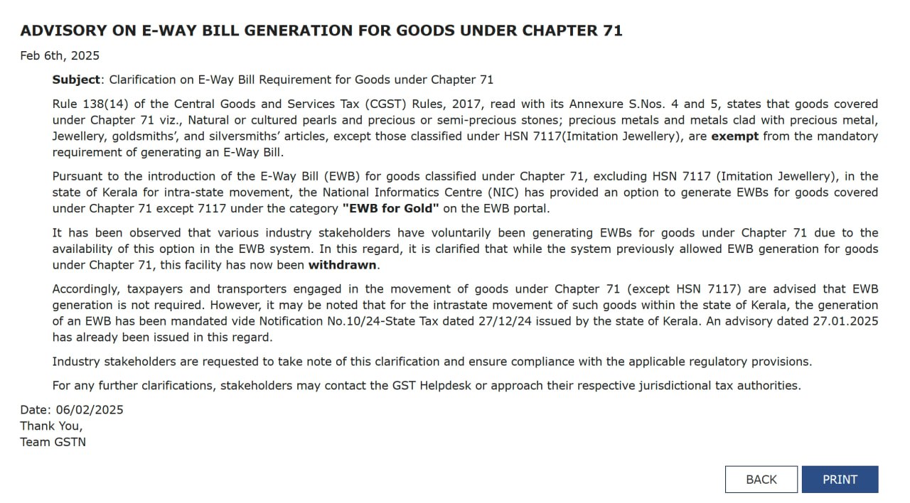 ADVISORY ON E-WAY BILL GENERATION FOR GOODS UNDER CHAPTER 71