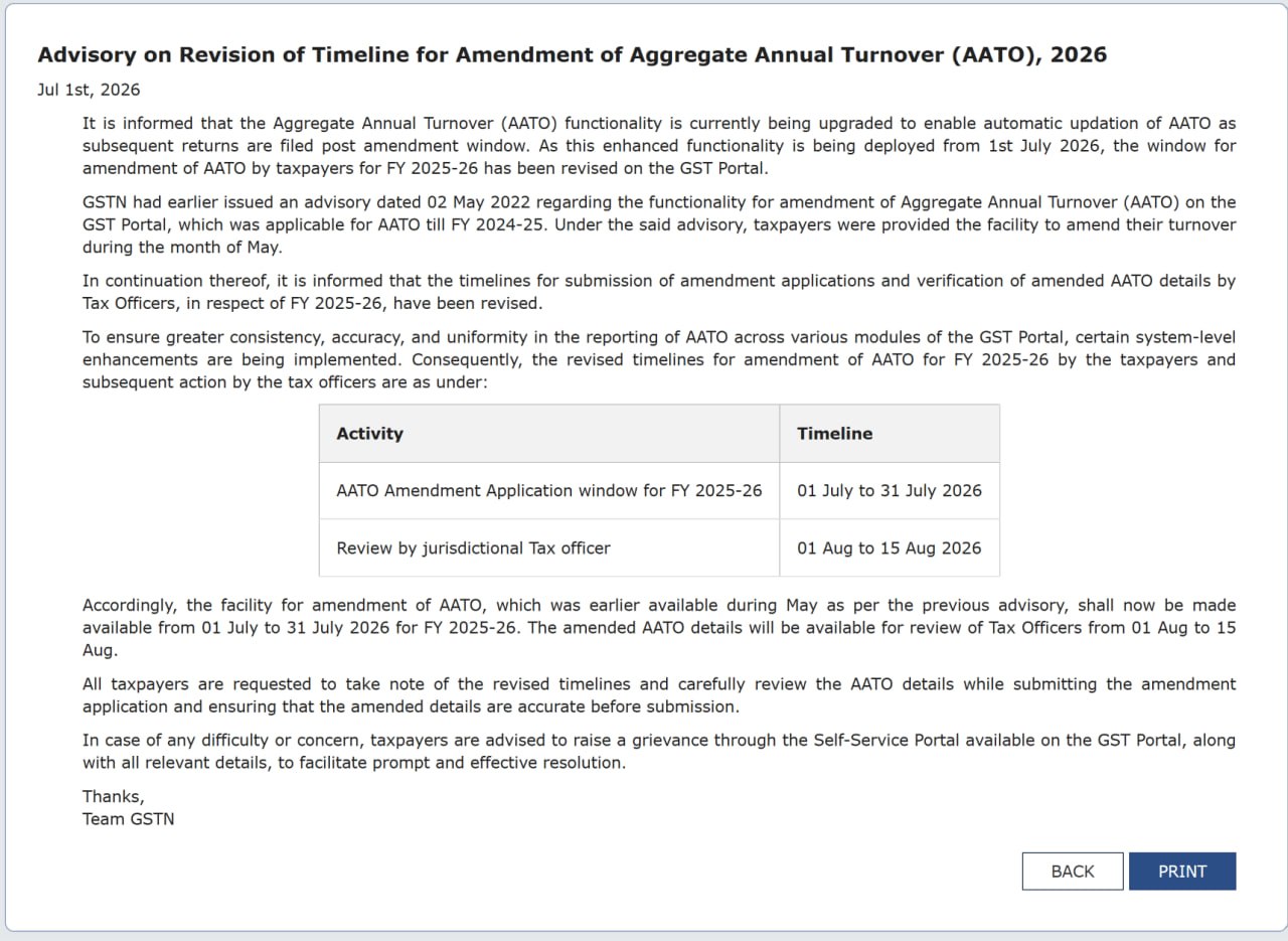 Advisory on Revision of Timeline for Amendment of Aggregate Annual Turnover (AATO), 2026