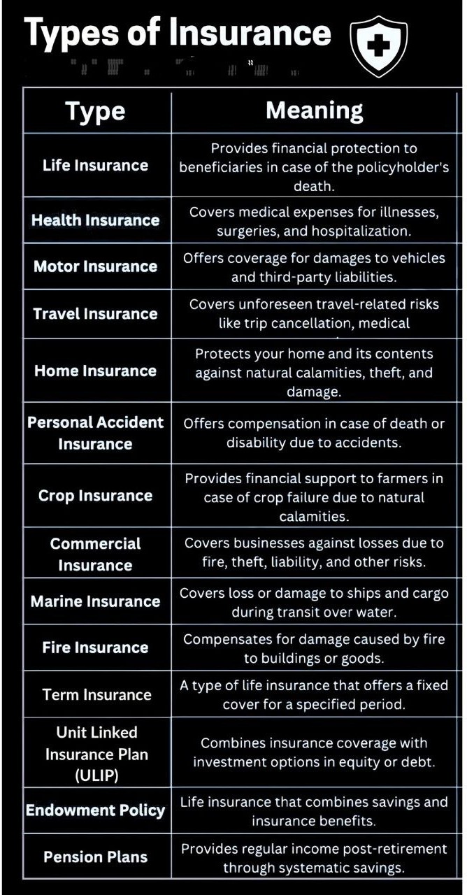  lists Types of Insurance along with their meanings.