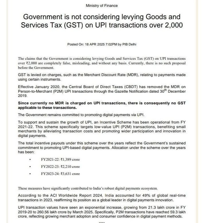 Government is not considering levying Goods and Services Tax (GST) on UPI transactions over 2,000.