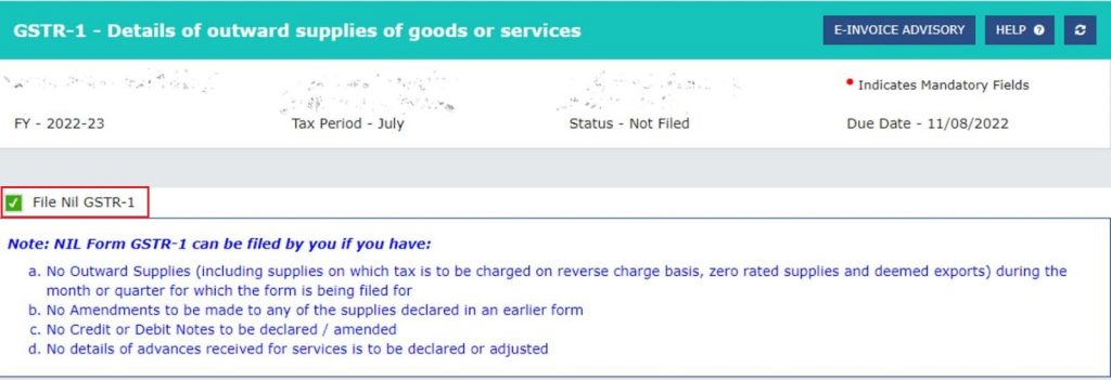 GSTN adds a new option to file a NIL GSTR-1 By checking the box,