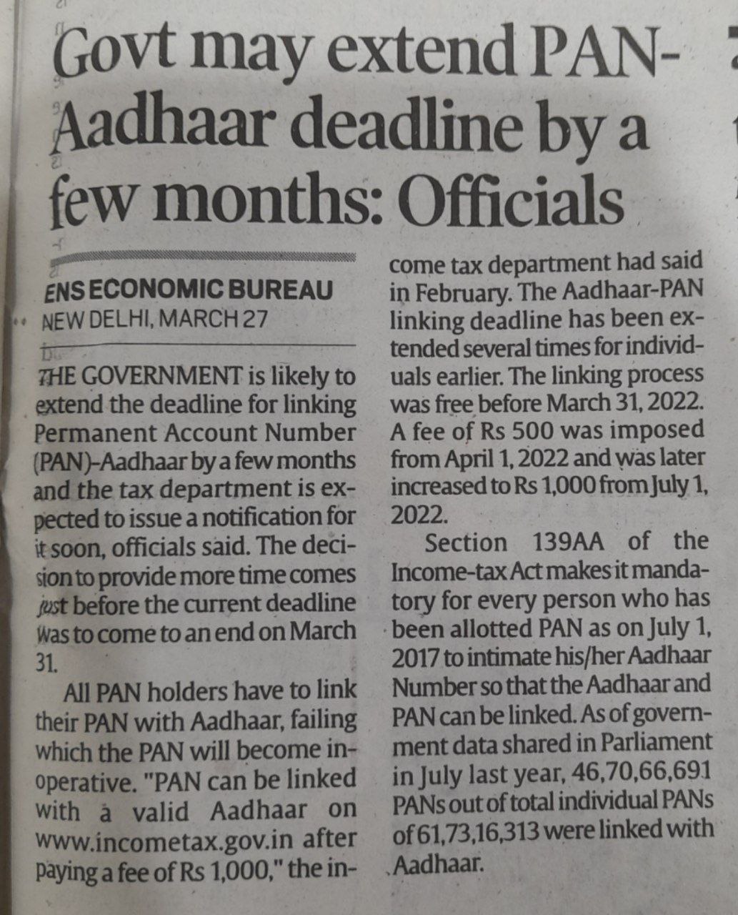 linking Aadhar Card with pan new deadline