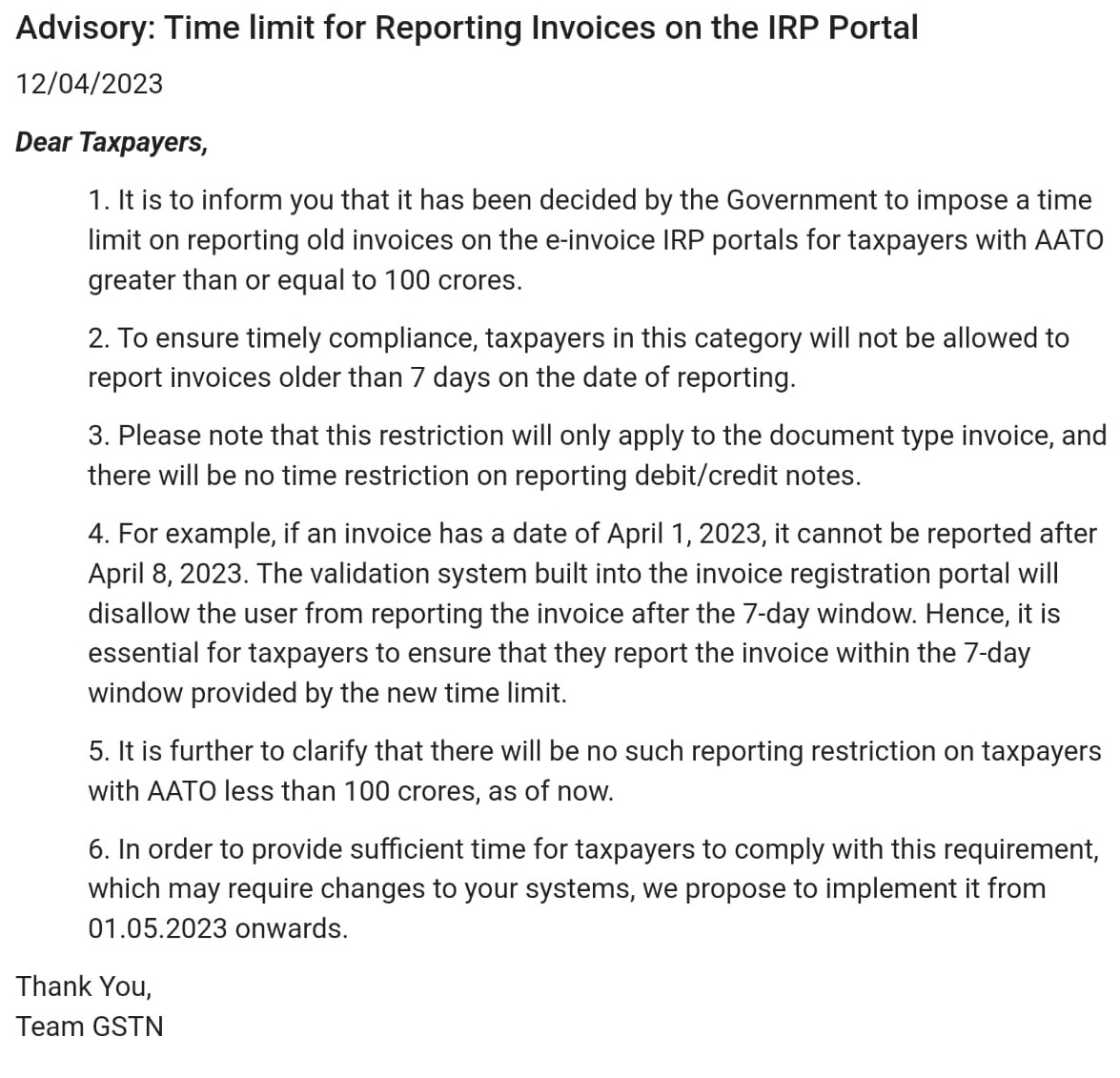 Time Limit Imposed for Invoice Reporting on IRP Portal