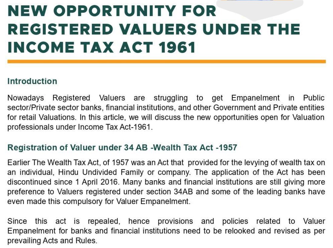 NEW OPPORTUNITY FOR REGISTERED VALUERS UNDER THE INCOME TAX ACT 1961’