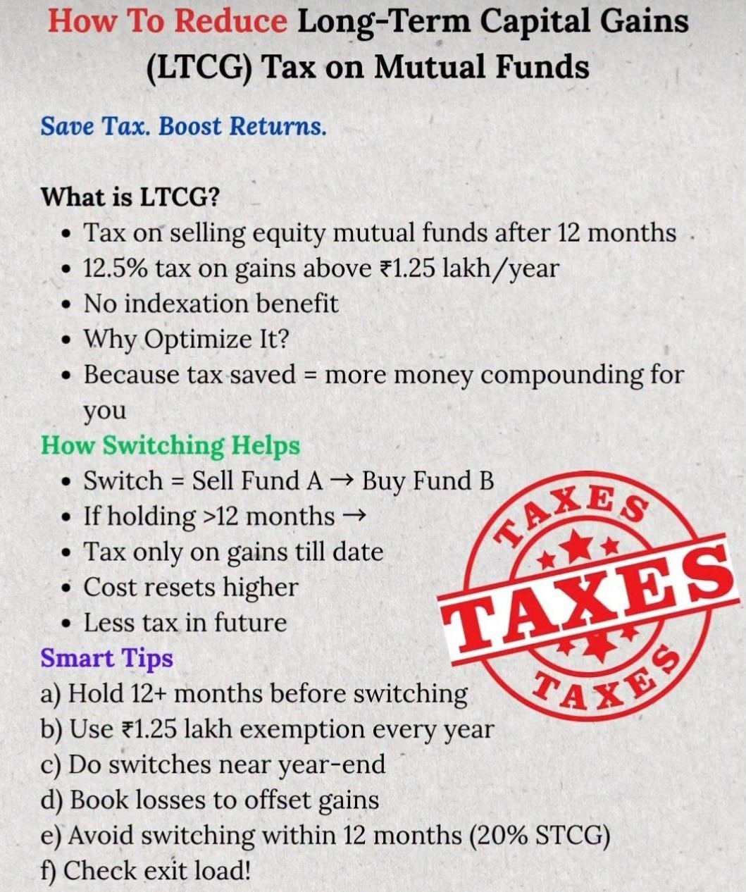 how to reduce LTCG tax on mutual funds.