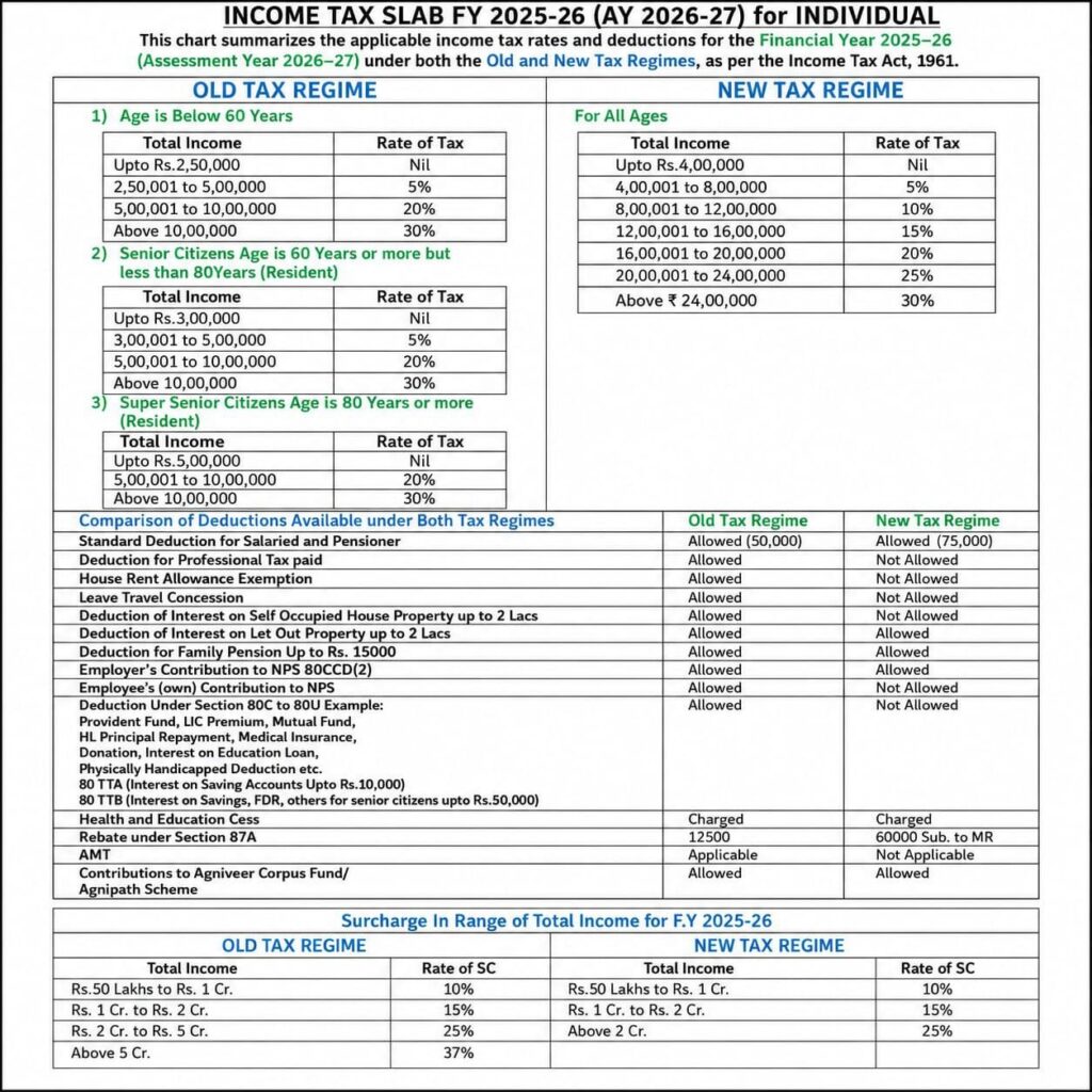 INCOME TAX SLAB FY 2025-26 (AY 2026-27) for INDIVIDUAL