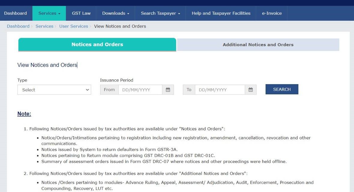 GSTN Portal enhanced design for access to ‘Notices and Orders’ Tab