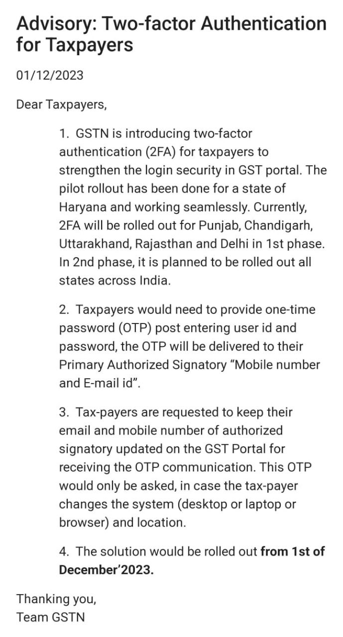 GST Two Factor Authentication for Taxpayers.