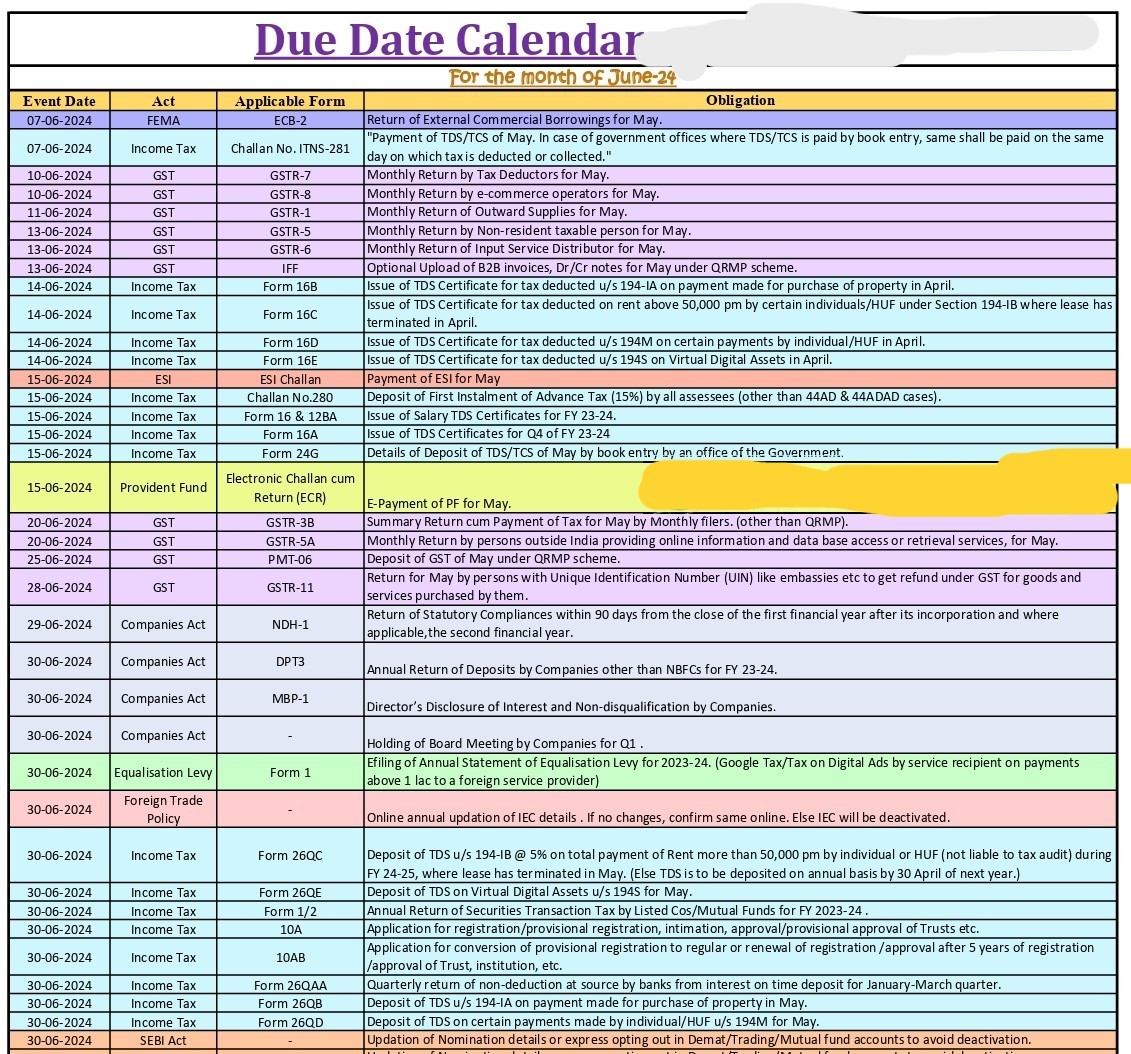 Due date calendar for June 2024