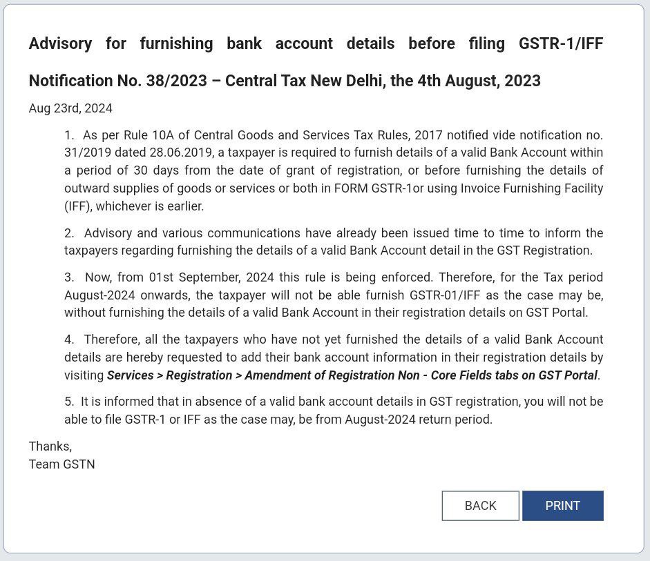 Valid Bank account for GST 1
