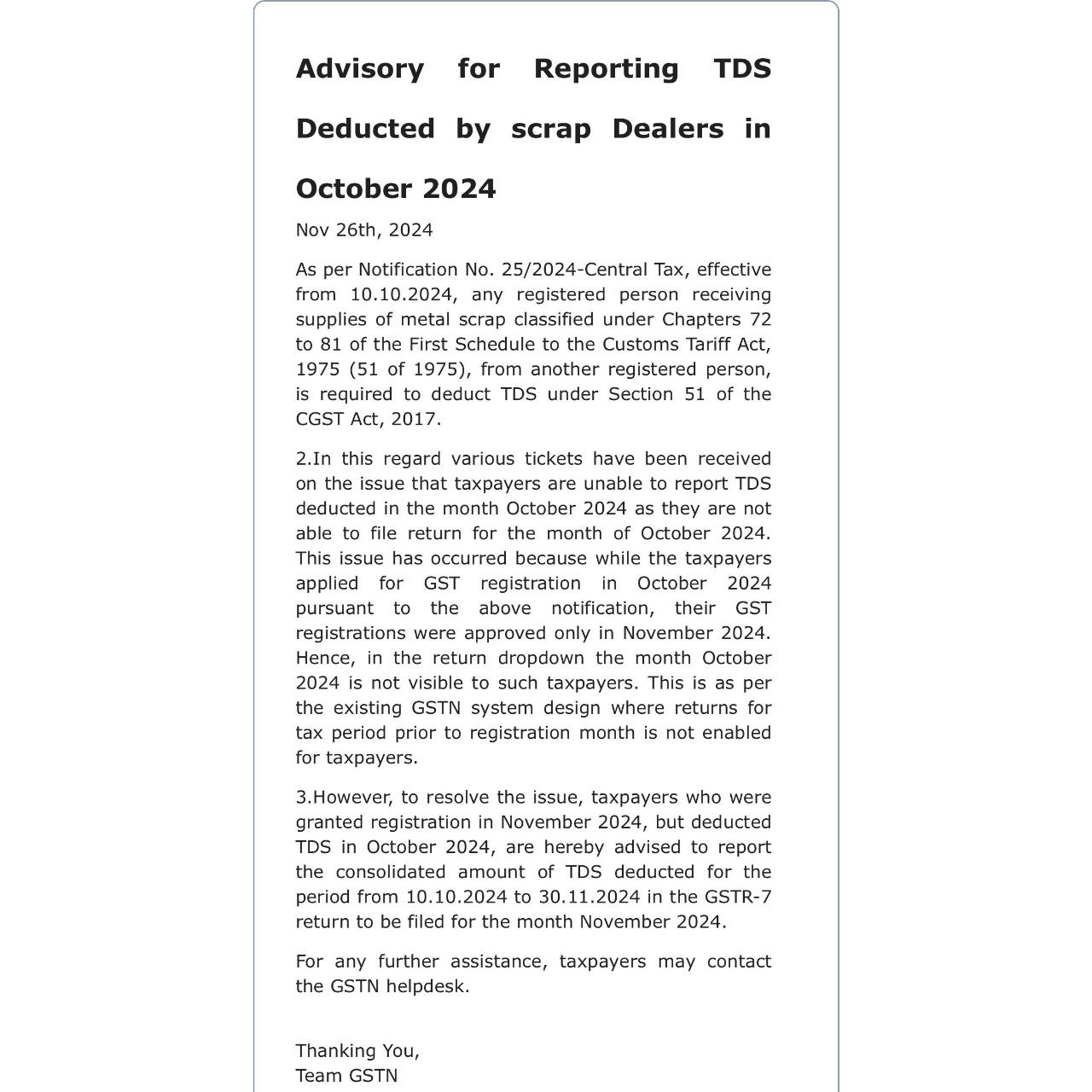 GST BREAKING: Advisory for Reporting TDS Deducted by scrap Dealers in October 2024