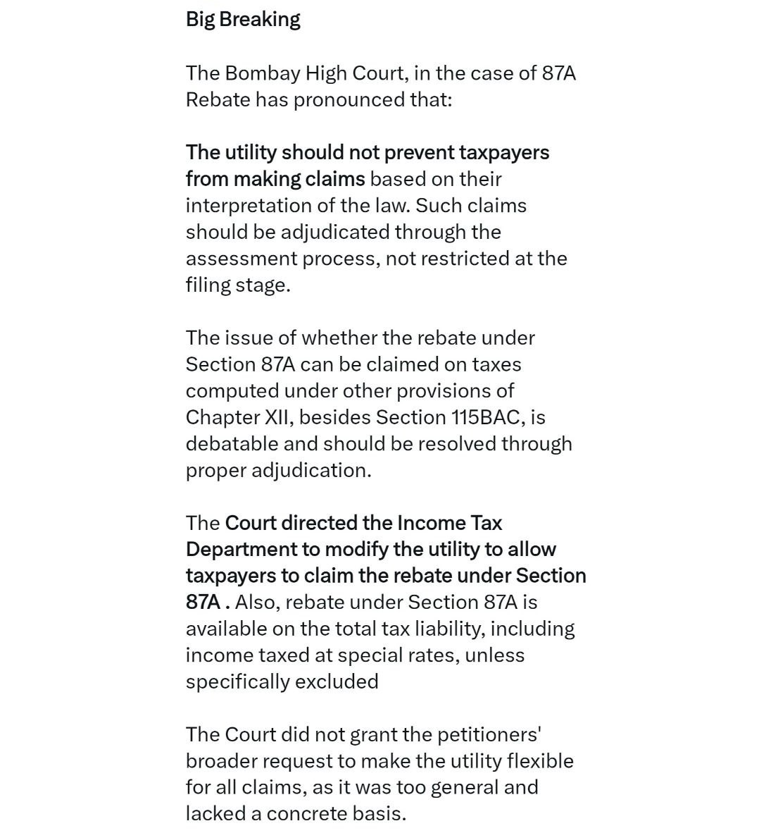 The Bombay High Court, in the case of 87A Rebate