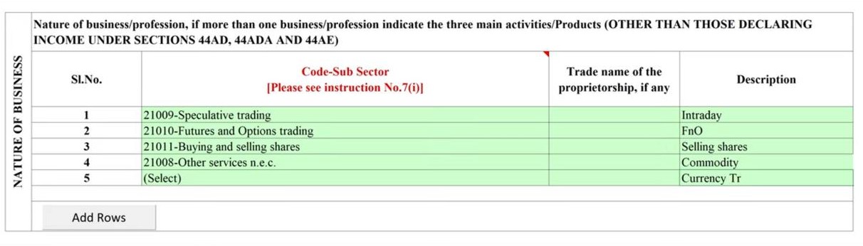 ITR-3 utility with new Nature of Business Profession codes