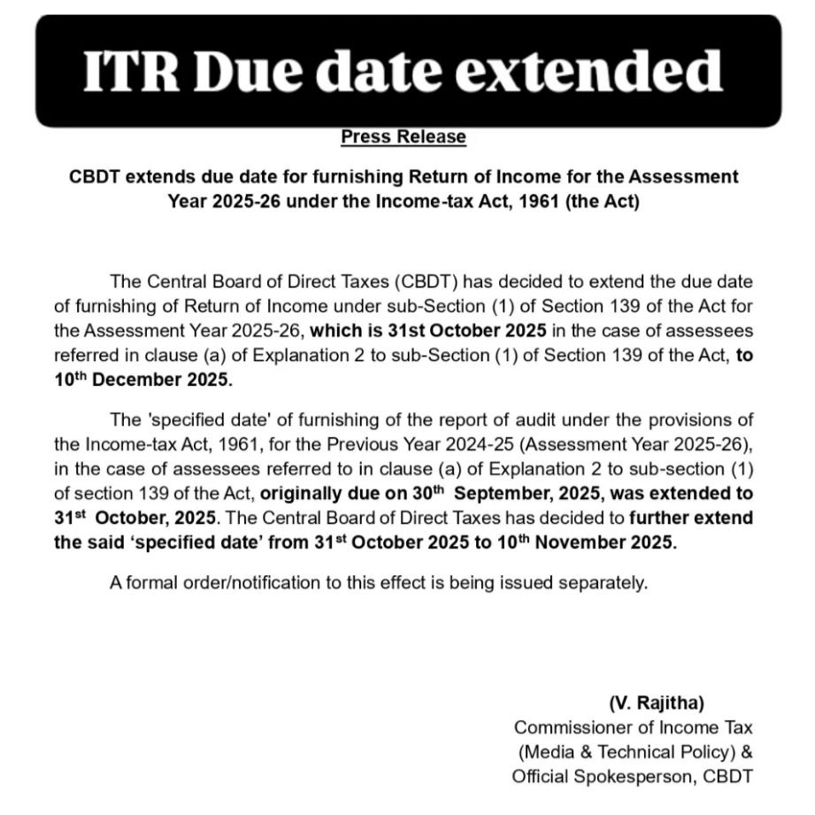 extension of due dates for filing ITR and audit reports for AY 2025-26