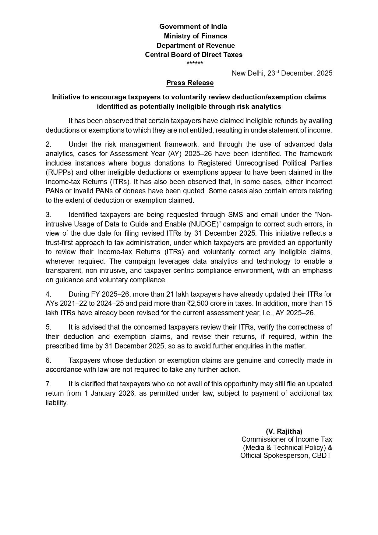 Press Release related to NUDGE campaign for AY 2025–26