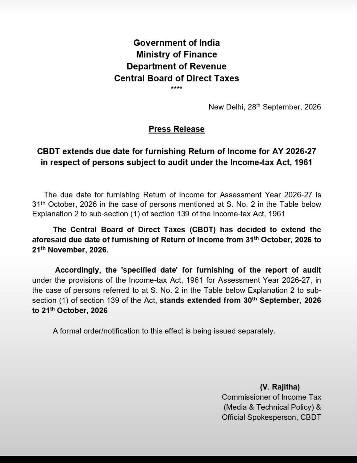 CBDT Extends Tax Audit & ITR Due Dates for AY 2026-27